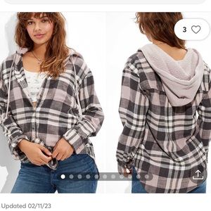 AE Oversized Sherpa Lined Plaid Flannel Hooded Button-Up Shirt XL